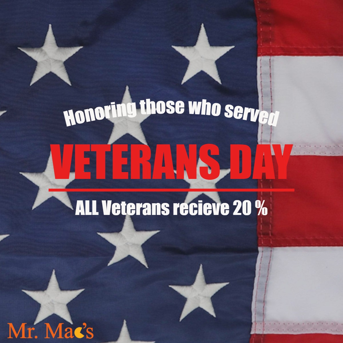 Today and EVERYDAY Veterans receive 20% off their orders. It's just our little way of saying Thank You for your service.
(Must show proper ID to receive discount)