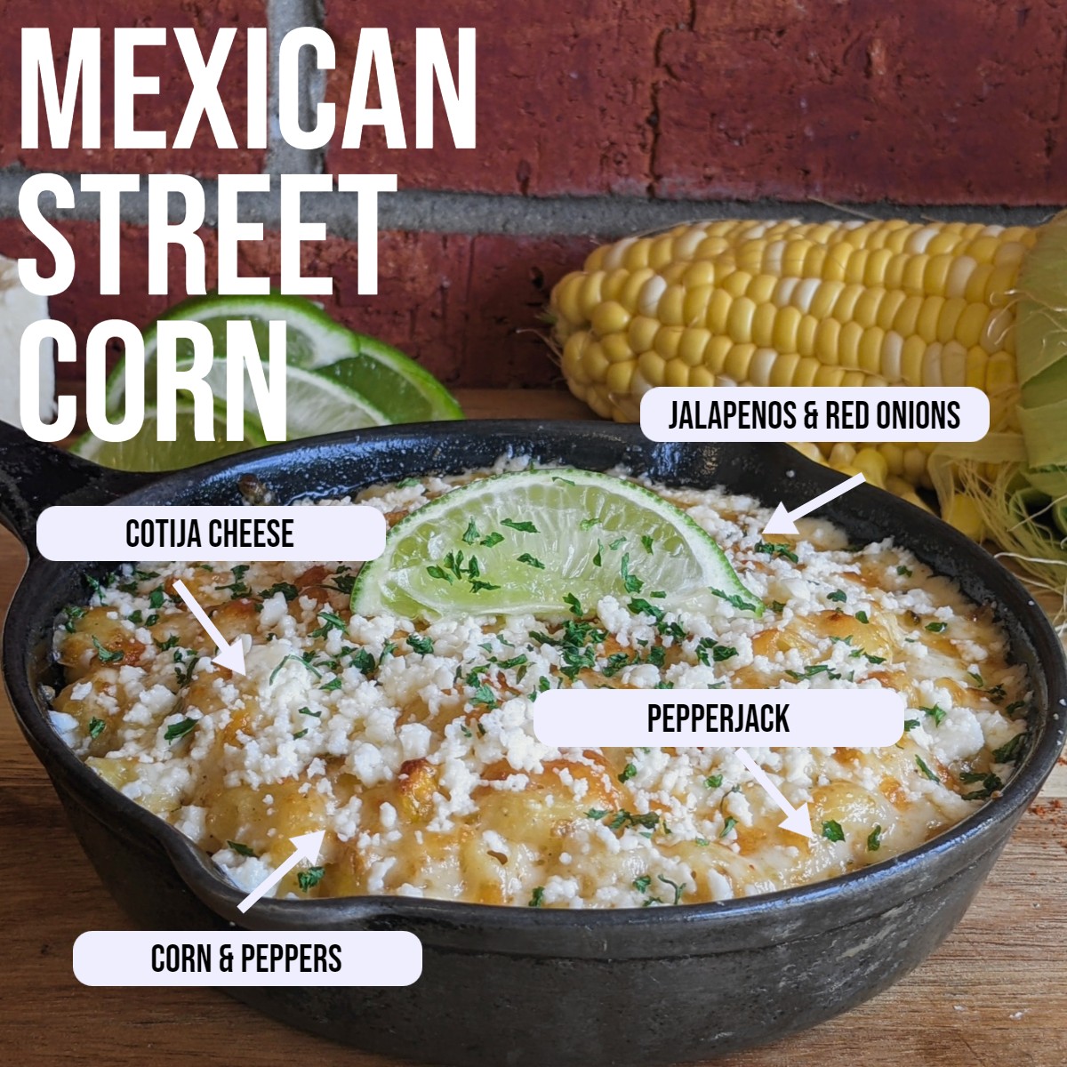 🌽Inspired by one of Mexico's most famous street foods, Elote! This mac has a spicy blend of Cheddar and Pepper jack cheeses, Corn, Jalapenos, Colored Peppers, and Red Onions that are mixed with Garlic and Chili Powder to add a little kick. Topped with authentic Cotija Cheese and a Lime Wedge! 🌽