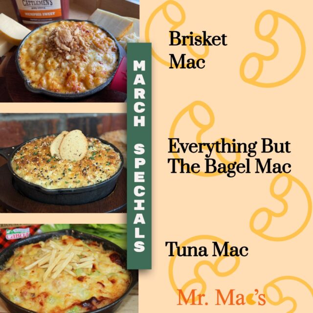 🎉March Specials!🎉 Introducing our NEW Everything But the Bagel Mac! This Mac mixes creamy Cheddar and Cream Cheese with Garlic and savory Everything Bagel Seasoning. Finished with a golden Breadcrumb crust and an extra sprinkle of Everything Spice for the perfect crunch in every bite! Along with it comes the anticipated return of the Brisket Mac and Tuna Mac! Come see us this month to come get your tastebuds on these flavor bursting Macs!  #foodie #macandcheese #macaroniandcheese #cheeselover