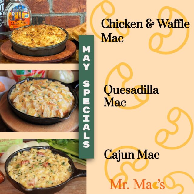 May specials are here!! Introducing our NEWEST Mac, The Chicken and Waffle Mac! With this Mac, Crispy meets creamy in this indulgent twist on comfort food. Breaded and seasoned chicken is folded into rich, velvety sharp cheddar mac and cheese, then topped with golden Belgian waffle breadcrumbs for a sweet, crunchy finish. Choose your drizzle- Mike's Hot Honey for a bold kick, or maple syrup for a smooth and nostalgic sweetness. Also coming back for the month is our Quesadilla and Cajun Macs! We hope to see you soon! #macandcheese #macaroniandcheese #cheeselover #foodie