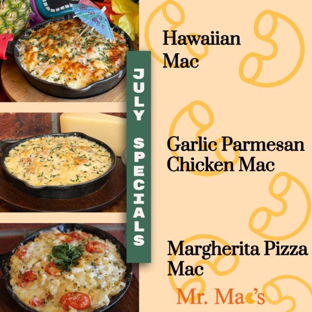 🎉JULY SPECIALS🎉 The Hawaiian Mac is BACK! Along with it returns the Margherita Pizza Mac and our NEW Garlic Parmesan Chicken Mac. This Mac is blended with parmesan, provolone and pecoarino romano cheeses, tossed with crispy chicken and Sweet Baby Rays Garlic Parmesan sauce for a rich, savory bite.  These Macs are perfect to help kick off the summer!
 #cheeselover #foodie #macandcheese #macaroniandcheese