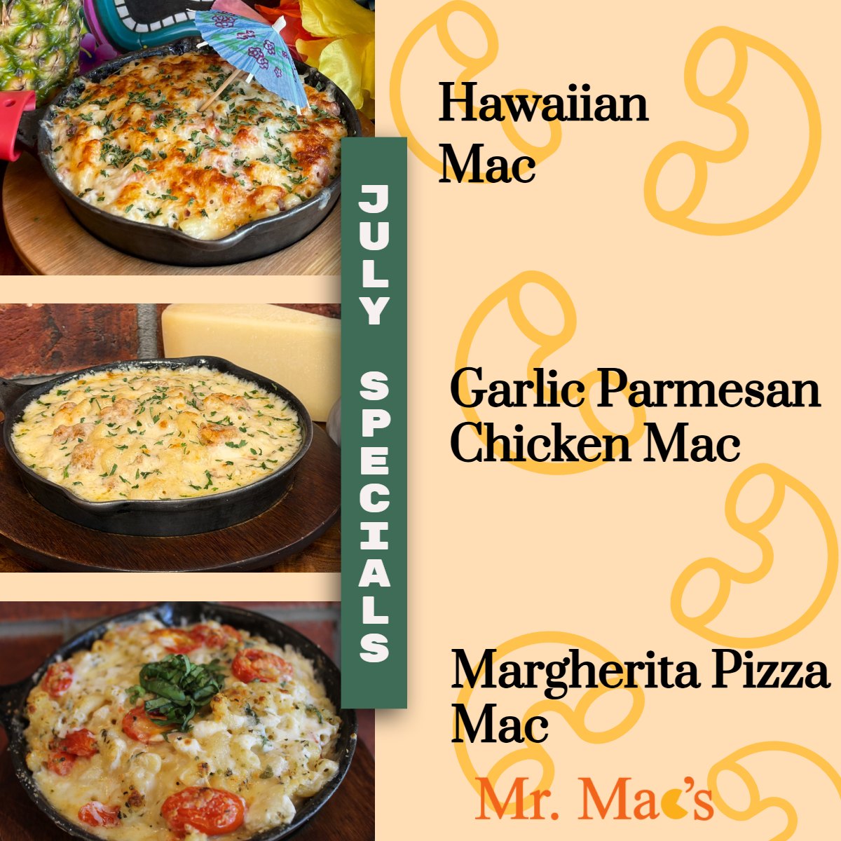 🎉JULY SPECIALS🎉 The Hawaiian Mac is BACK! Along with it returns the Margherita Pizza Mac and our NEW Garlic Parmesan Chicken Mac. This Mac is blended with parmesan, provolone and pecoarino romano cheeses, tossed with crispy chicken and Sweet Baby Rays Garlic Parmesan sauce for a rich, savory bite.  These Macs are perfect to help kick off the summer!
 #cheeselover #foodie #macandcheese #macaroniandcheese