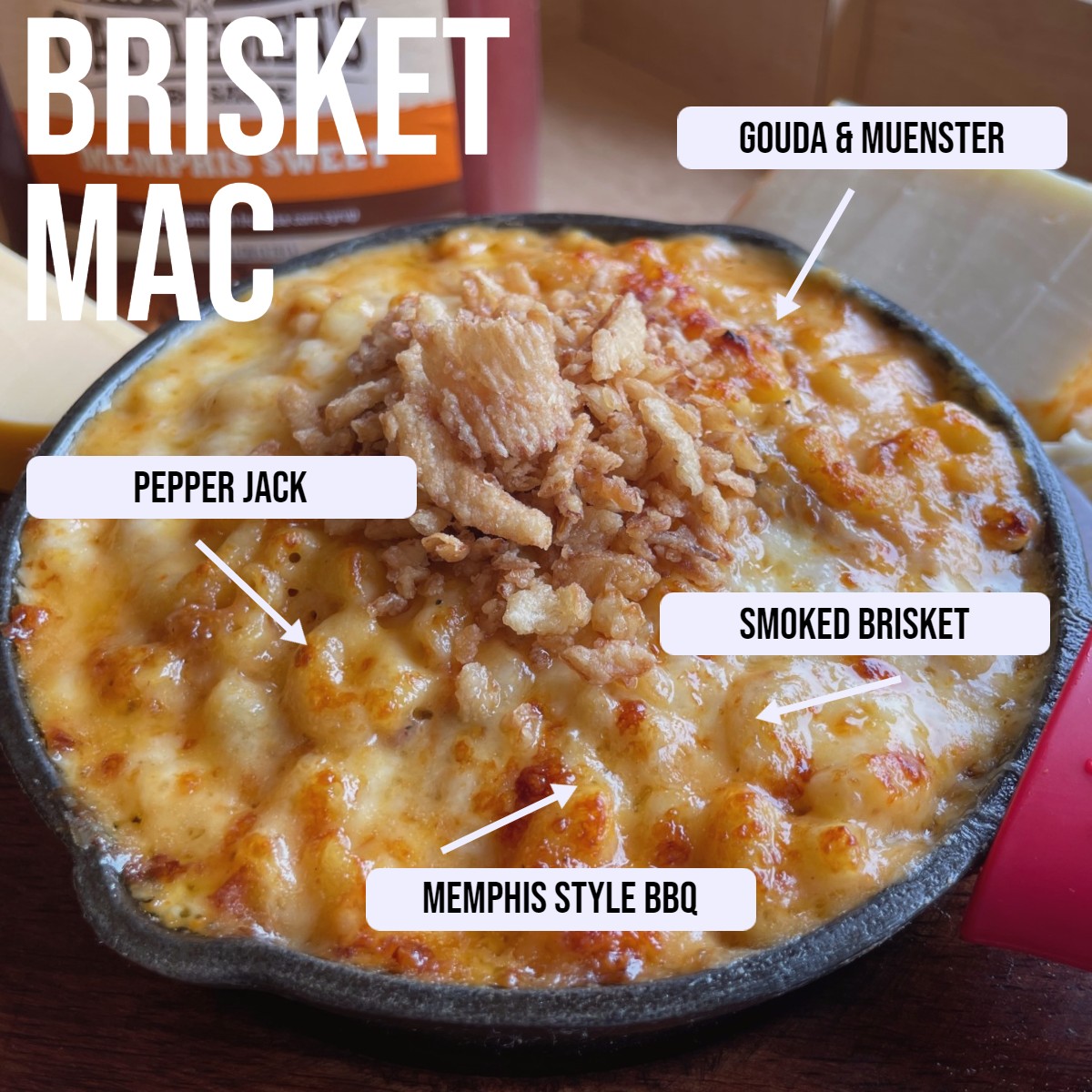 Hickory smoked Brisket is shredded and tossed with a Memphis style BBQ Sauce and then combined with a blend of Muenster, Pepper Jack and Gouda cheeses to create the perfect, sweet, smokey and savory bite!