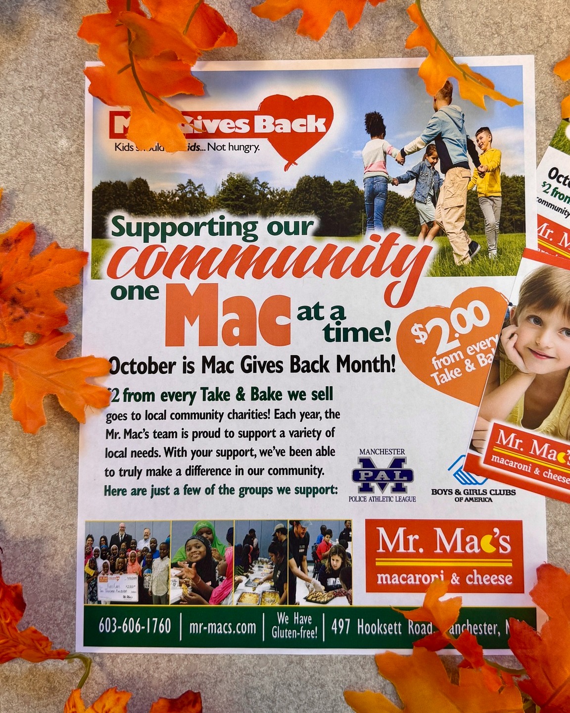 "Mac Gives Back" 😊
During The Month Of October, Mr. Mac's Will Give Back To The Community, $2 For Every One Of Our "Take & Bakes" Sold. This Year, Supporting The Boys & Girls Clubs of Greater Manchester And The Manchester Police Athletic League - MPAL ❤